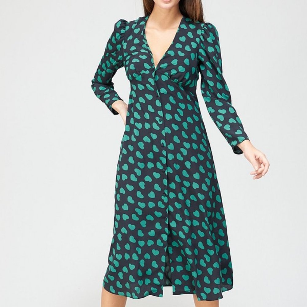 V by Very Long Sleeve V-Neck Heart Print Midi Dress 14
